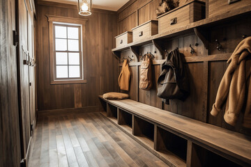 Fototapeta na wymiar Mudroom with built-in wooden benches, hooks for coats, and storage cubbies, Rustic style interior, Interior Design Generative AI