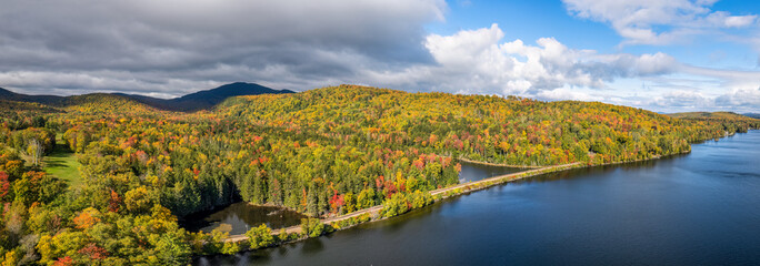 Autumn panorama at Moosehead Lake - Maine - Train tracks along the lakeshore