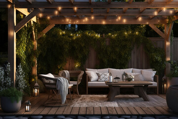 Outdoor patio with a wooden pergola, rustic furniture, and string lights, Rustic style interior, Interior Design Generative AI