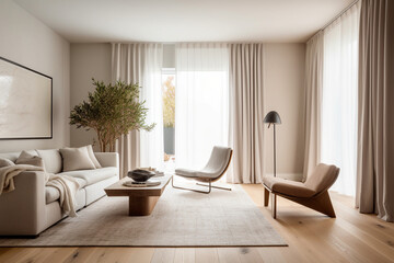 Naklejka na ściany i meble Living room with clean lines, neutral color palette, and a statement piece of furniture, Minimalist style interior, Interior Design Generative AI