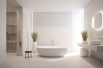 Bathroom with clean design, minimalist fixtures, and a freestanding bathtub, Minimalist style interior, Interior Design Generative AI