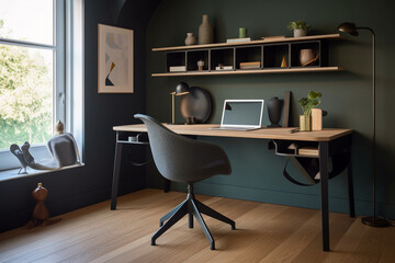 Home office with a minimalist desk, ergonomic chair, and organized storage, Minimalist style interior, Interior Design Generative AI