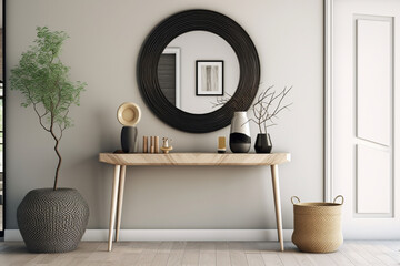 Entryway with a minimalist console table, mirror, and few decorative accents, Minimalist style interior, Interior Design Generative AI