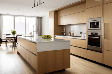 Kitchen with sleek cabinets, hidden storage, and minimalistic countertops, Minimalist style interior, Interior Design Generative AI