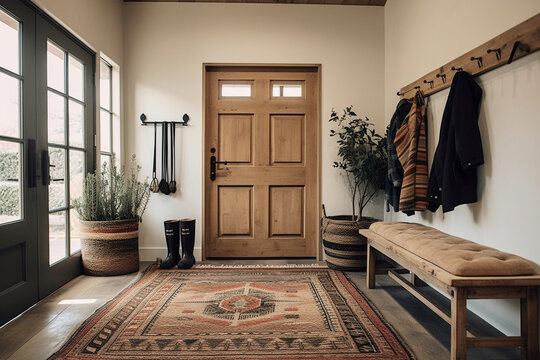 Rustic entryway with a wooden bench, coat hooks, and a vintage rug, Rustic style interior, Interior Design Generative AI