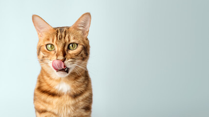 Licking Bengal shorthair cat close-up on the background.