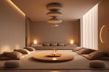 Meditation room with minimalist decor, soft lighting, and comfortable floor seating, Minimalist style interior, Interior Design Generative AI