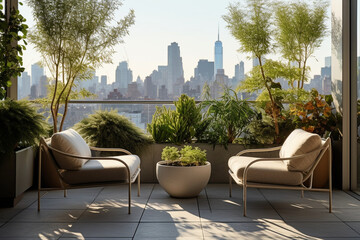 Rooftop terrace with minimalist outdoor furniture, potted plants, and panoramic views, Minimalist style interior, Interior Design Generative AI