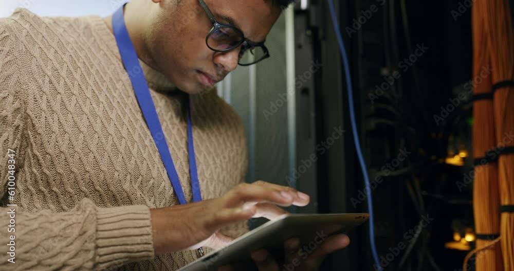 Poster Man in server room with tablet, glasses and network administration, engineer in digital storage for cyber security. Tech employee, system maintenance and technician online in data center for update.