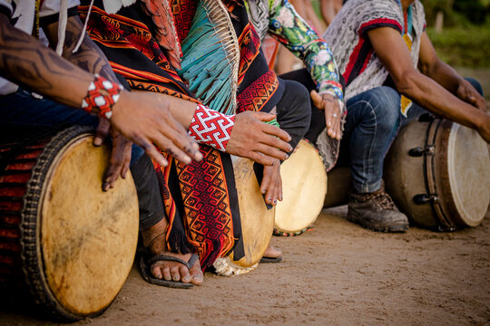 Sao Paulo, SP, Brazil - April 16 2023: Closeup of hands playing African drum. details.