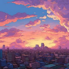 a skyline surrounded by clouds a city Generative Ai