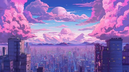 skyscrapers over clouds above buildings in a purple sky Generative Ai