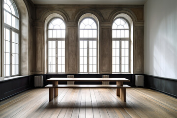 Wooden brown bench next to arched windows in a spacious room. Minimalist interior decoration concept. Generative AI