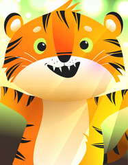 Cute Funny Happy Tiger Character illustration for Kids. Smiling wild cat colorful greeting card for children. Vector illustration in watercolor style.