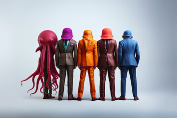 Obraz premium mafia octopus boy band with colorful suit holding instrumental created with Generative AI technology