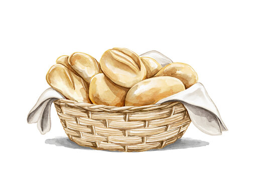Watercolor vintage delicious food bread loaves buns in wicker basket isolated on white background. Hand drawn illustration sketch