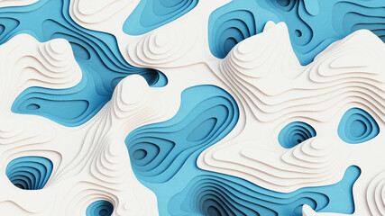 Abstract background in style of cut paper layers, topographic map, curved lines.