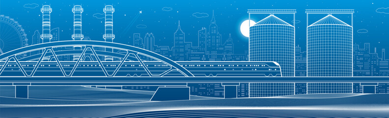 Train rides on the bridge. Three industrial pipes. Granary. City industry and transport illustration. Urban scene. White lines on blue background. Vector design art - 610050942