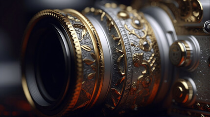 Fototapeta na wymiar golden camera lens close up dark background generative AI tools