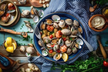 Obraz na płótnie Canvas stock photo of Clambake ready to eat in the plate Food Photography AI Generated