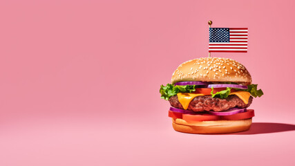 Patriotic USA burger with beef  for celebration 4th July, independence day in USA, isolated on solid colorful background, Generative AI