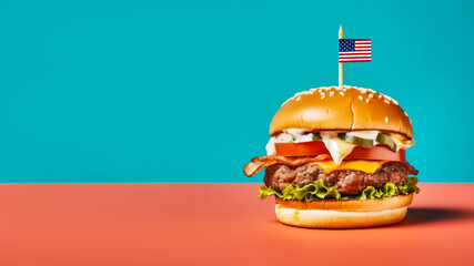 Patriotic USA burger with beef  for celebration 4th July, independence day in USA, isolated on solid colorful background, Generative AI