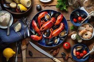 Obraz na płótnie Canvas stock photo of Clambake ready to eat in the plate Food Photography AI Generated