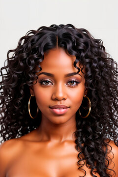 African american girl with long and shiny wavy hair on white background. Beautiful model with curly hairstyle. Generative AI.