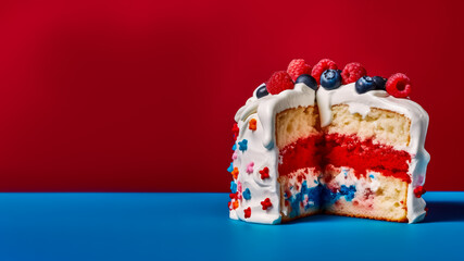 Patriotic USA cake with cream and berries  for celebration 4th July, independence day in USA, isolated on solid colorful background, Generative AI