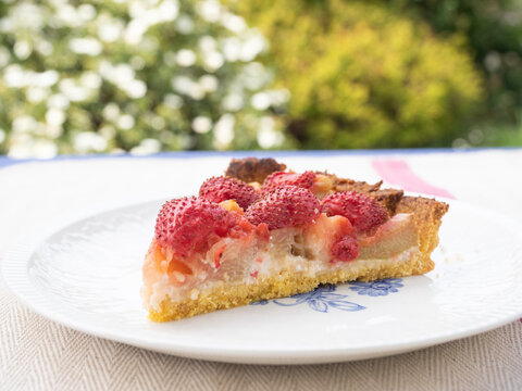 close-up of a portion of a strawberry-rhubarb tart served outdoors
