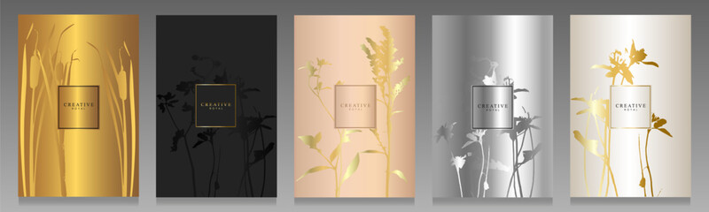 Metallic set cover design. Floral pattern, plant and flower silhouette. Gold, black, pink, silver and white elegant brochure.