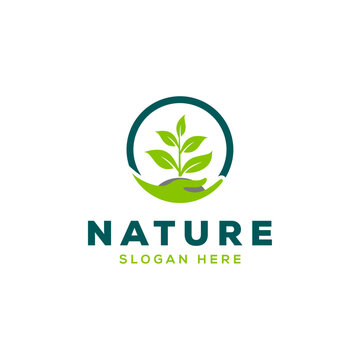 Human hands and tree with green leaves logo. Plant logo