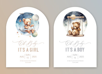 Cute baby shower watercolor invitation card for baby and kids new born celebration. Its a girl, Its a boy card with teddy bear.