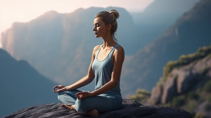 Naklejka na ściany i meble Woman practices meditation in a balanced way on the top of a cliff with a stunning view of the mountains. Young blonde is sitting in a lotus position, relaxed with closed eyes. Generative AI.