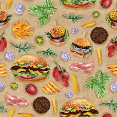 Seamless pattern with fast food, cheeseburger, lettuce, fries, tomatoes