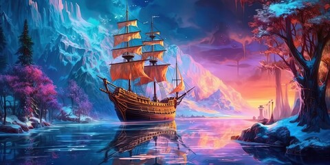 illustration of  beautiful nature landscape of enchanted river with ancient ship, Generative Ai - obrazy, fototapety, plakaty
