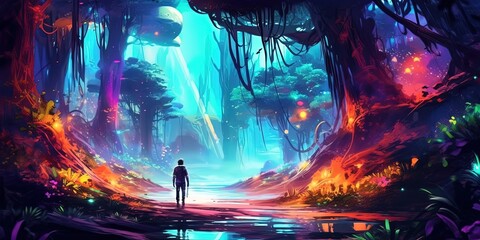 illustration of a man with beautiful nature landscape of enchanted forest, Generative Ai