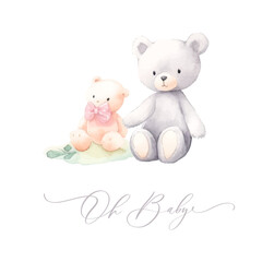 Oh baby. Cute baby shower watercolor invitation card card with toys for baby and kids new born celebration.
