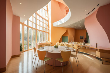 Organic Dinning room.Aesthetic pastel color palette. Centered perspective. Interior Design