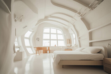 Organic Bedroom All-white color palette. Centered perspective. Interior Design