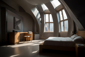 Organic Bedroom All-grey color palette. Centered perspective. Interior Design