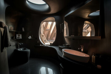 Organic bathroom Dark black color palette. Centered perspective. Interior Design