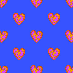  1970 psychedelic seamless pattern. 1970s good vibes hearts ornament. 1960 retro Valentine. Hippie peace and love. Funky and groove card. Trippy art.Hippie wallpaper background poster
