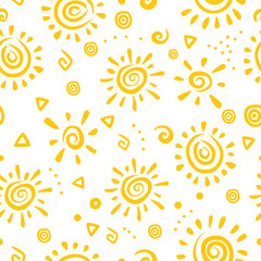 Bright seamless pattern with stylized suns on a white background. 