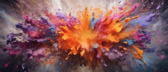 A burst of vibrant liquid explosions, with droplets flying in all directions. Stunning wallpaper texture. Abstract background. Generative AI. 