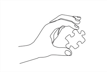 Continuous one line drawing of hand and puzzle. Business matching - connecting puzzle elements.  Puzzle game symbol and iconic business metaphor for problem solving, solution and strategy.