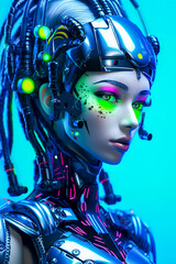 cyber women, goth neon, punk robot, android girl, frontal view portrait, Generative AI