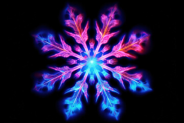 Stunning neon colored snowflake isolated on black background, Generative art