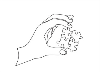 Continuous one line drawing of hand and puzzle. Business matching - connecting puzzle elements.  Puzzle game symbol and iconic business metaphor for problem solving, solution and strategy.