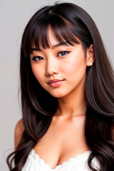 Naklejka premium Asian girl with long and shiny wavy hair on grey background. Beautiful model with curly hairstyle. Generative AI.